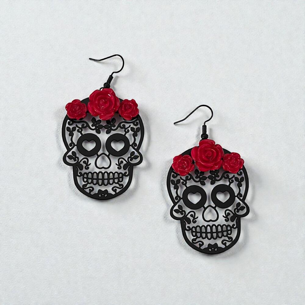 Red Roses Skull Head Drop Earrings - Picture 2 of 3